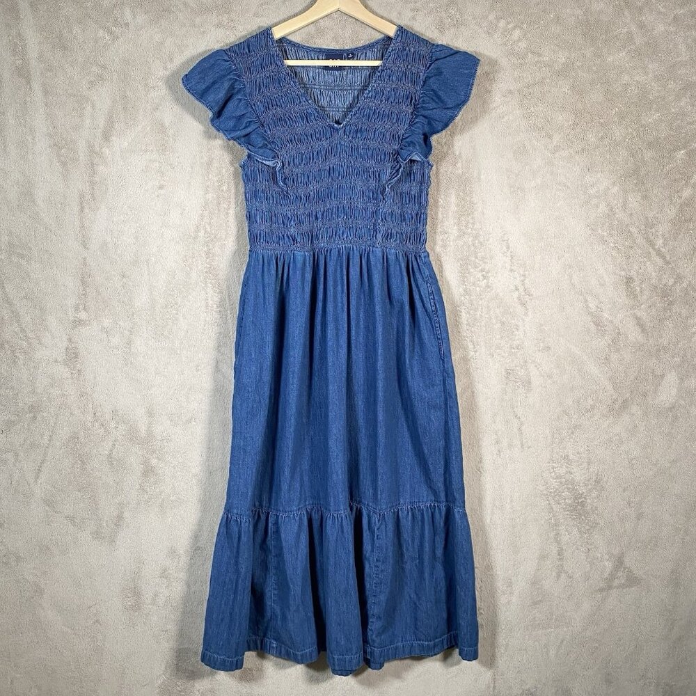 GAP 100% Organic Cotton Denim Ruffle Sleeve Smocked Midi Dress Size S Pockets - Picture 3 of 15